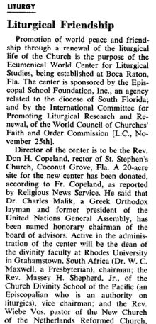 Announcement of the formation of the World Center for Liturgical Studies in The Living Church magazine in December 2, 1962 