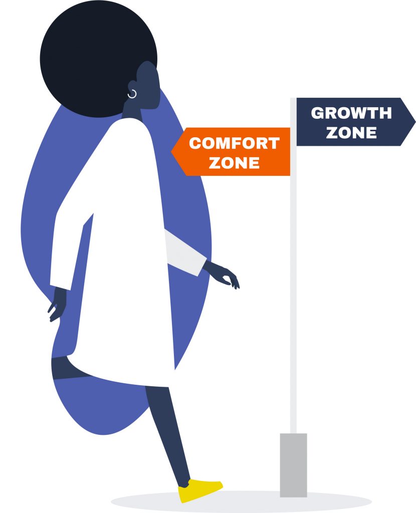 Illustration of a Black woman passing a directional sign indicating that "Comfort Zone" is behind her and "Growth Zone" is where she is headed