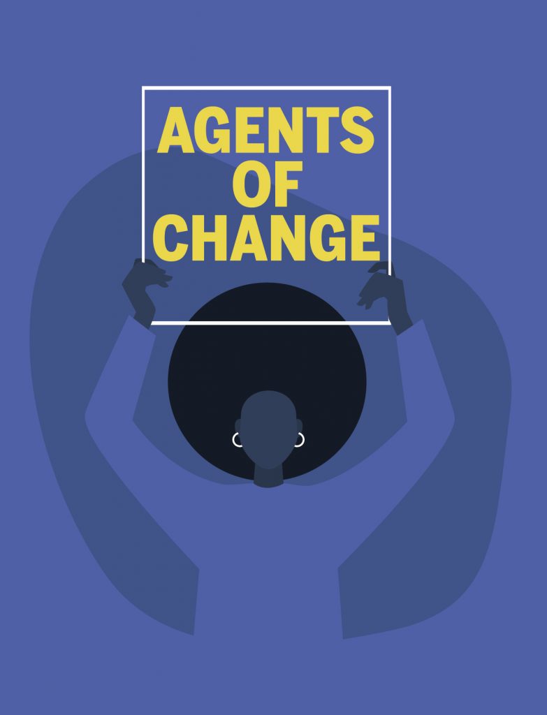 Illustration of a Black woman holding a sign that reads "Agents of Change"