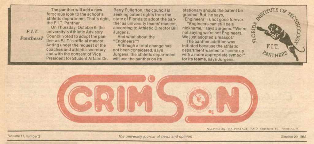 1983 The Crimson article about Florida Tech's new mascot, the Panther