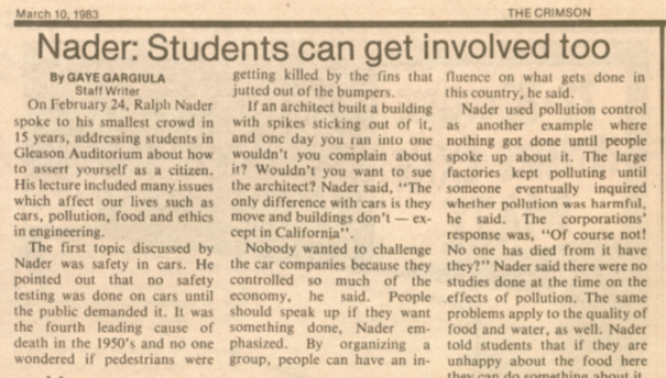 1983 The Crimson article about speaker Ralph Nader's visit to campus for Florida Tech's Homecoming celebrations.