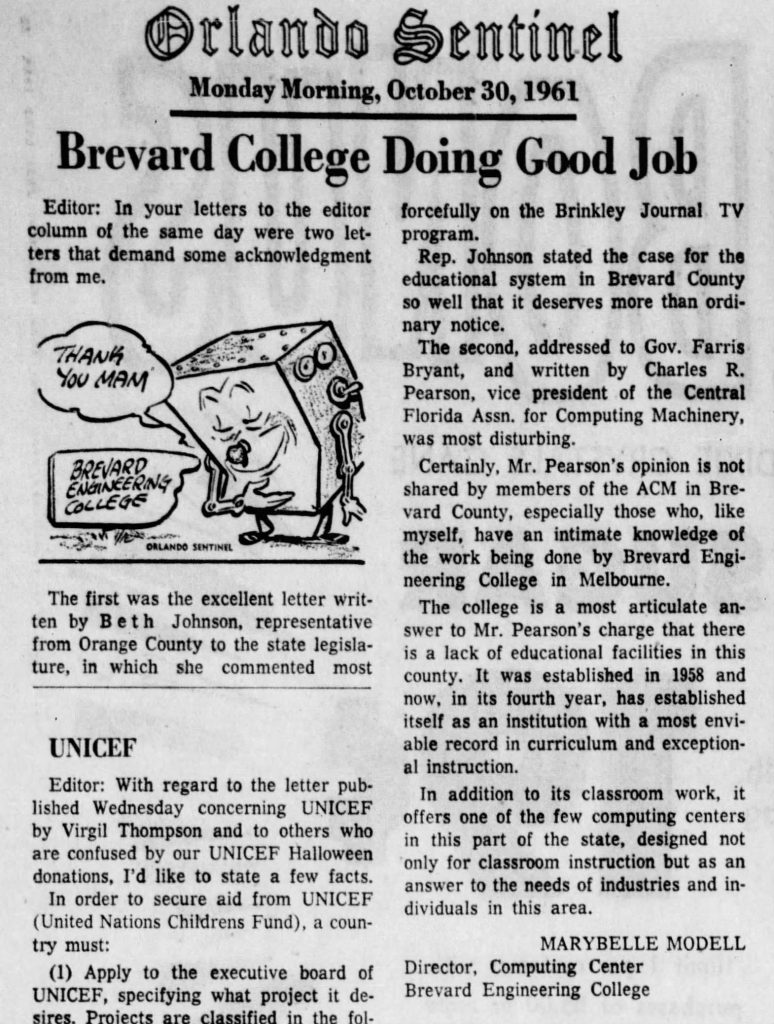Marybelle Modell's letter to the editor published Oct. 30, 1961, in the Orlando Sentinel