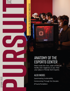 Thumbnail of 2022 The Pursuit magazine's cover featuring six students on computers in the Esports Center