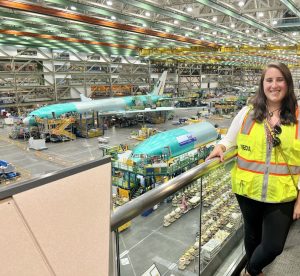Alumna Taylor Rains at Boeing’s 777 assembly line in Seattle in June 2022.