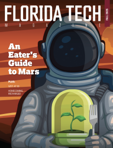 Cover of the fall 2025 issue of Florida Tech Magazine, featuring an illustration of an astronaut on Mars holding a plant and a fork.